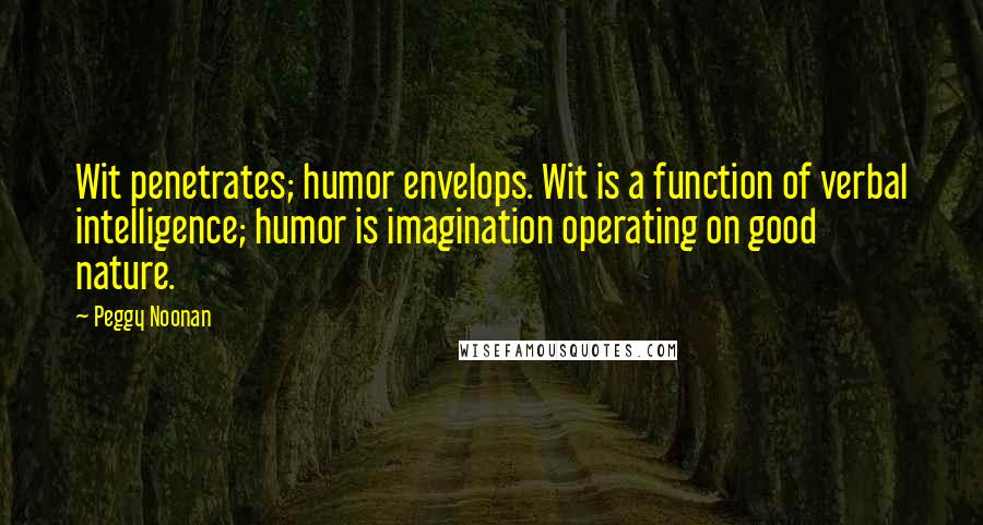 Peggy Noonan Quotes: Wit penetrates; humor envelops. Wit is a function of verbal intelligence; humor is imagination operating on good nature.