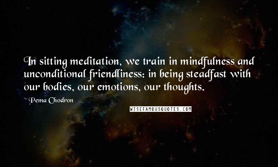 Pema Chodron Quotes: In sitting meditation, we train in mindfulness and unconditional friendliness: in being steadfast with our bodies, our emotions, our thoughts.