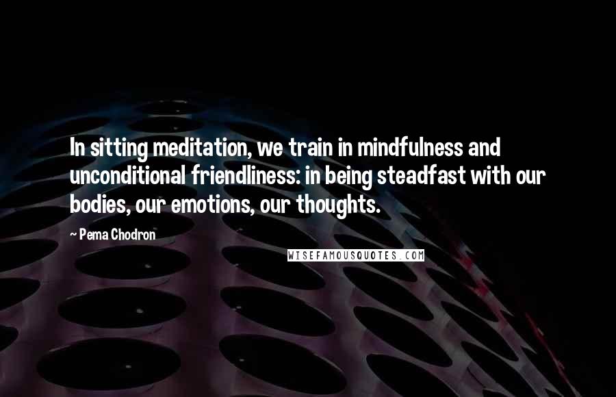 Pema Chodron Quotes: In sitting meditation, we train in mindfulness and unconditional friendliness: in being steadfast with our bodies, our emotions, our thoughts.