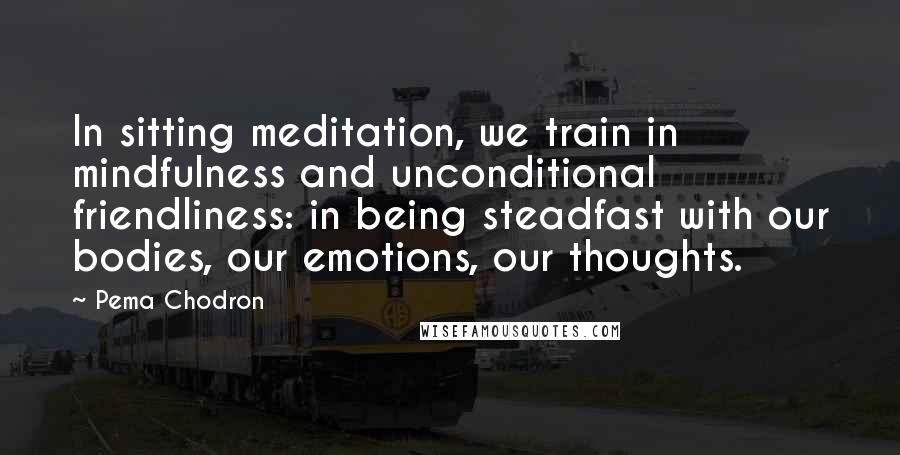 Pema Chodron Quotes: In sitting meditation, we train in mindfulness and unconditional friendliness: in being steadfast with our bodies, our emotions, our thoughts.