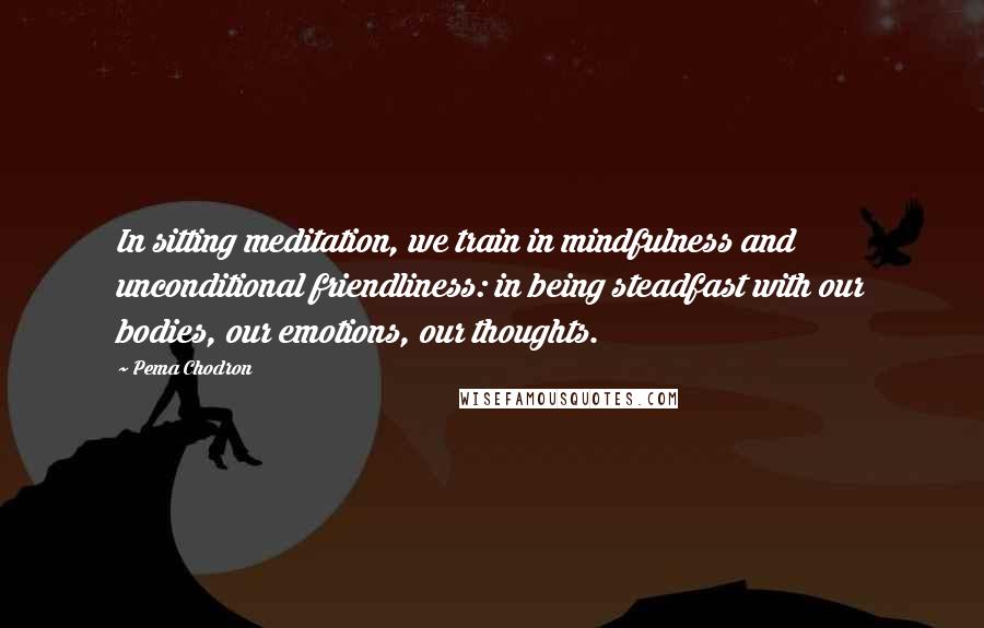 Pema Chodron Quotes: In sitting meditation, we train in mindfulness and unconditional friendliness: in being steadfast with our bodies, our emotions, our thoughts.