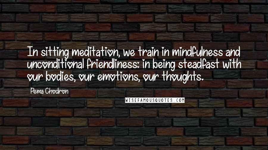 Pema Chodron Quotes: In sitting meditation, we train in mindfulness and unconditional friendliness: in being steadfast with our bodies, our emotions, our thoughts.