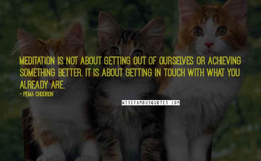 Pema Chodron Quotes: Meditation is not about getting out of ourselves or achieving something better. It is about getting in touch with what you already are.