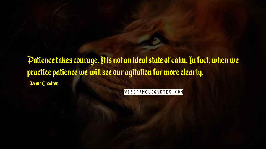 Pema Chodron Quotes: Patience takes courage. It is not an ideal state of calm. In fact, when we practice patience we will see our agitation far more clearly.