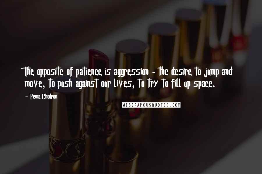 Pema Chodron Quotes: The opposite of patience is aggression - the desire to jump and move, to push against our lives, to try to fill up space.