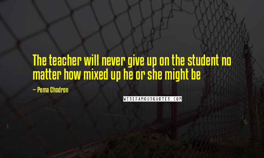 Pema Chodron Quotes: The teacher will never give up on the student no matter how mixed up he or she might be