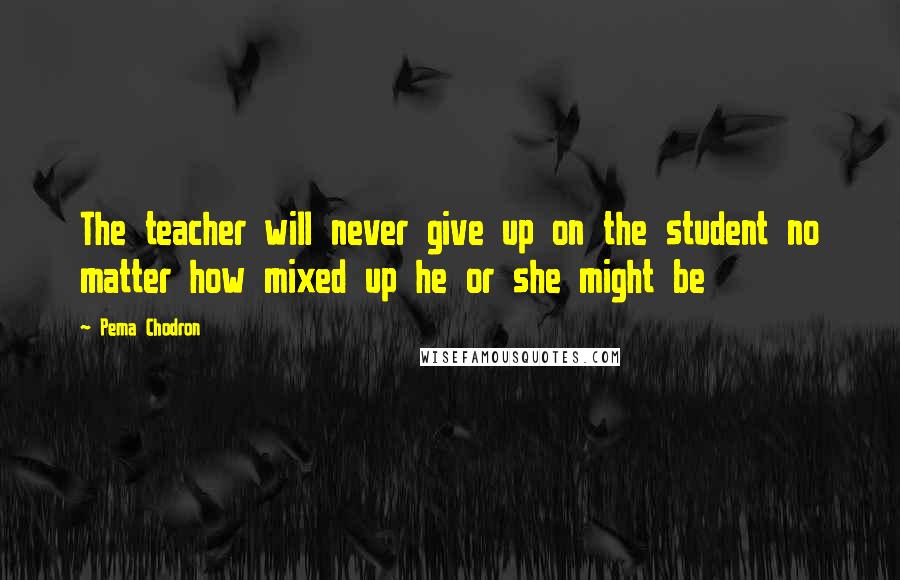 Pema Chodron Quotes: The teacher will never give up on the student no matter how mixed up he or she might be