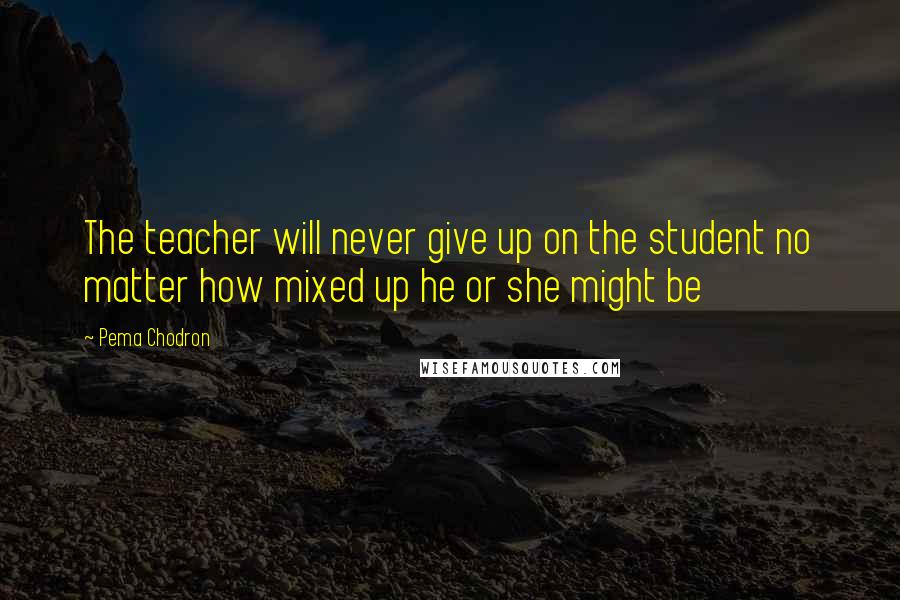 Pema Chodron Quotes: The teacher will never give up on the student no matter how mixed up he or she might be