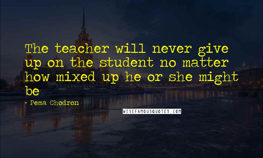 Pema Chodron Quotes: The teacher will never give up on the student no matter how mixed up he or she might be