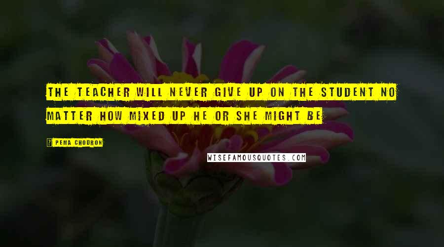 Pema Chodron Quotes: The teacher will never give up on the student no matter how mixed up he or she might be