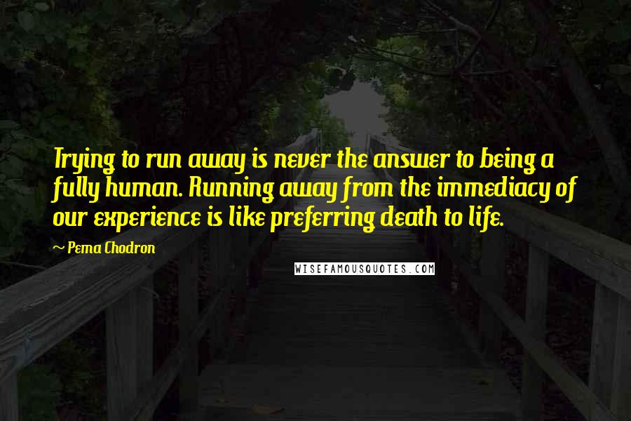 Pema Chodron Quotes: Trying to run away is never the answer to being a fully human. Running away from the immediacy of our experience is like preferring death to life.