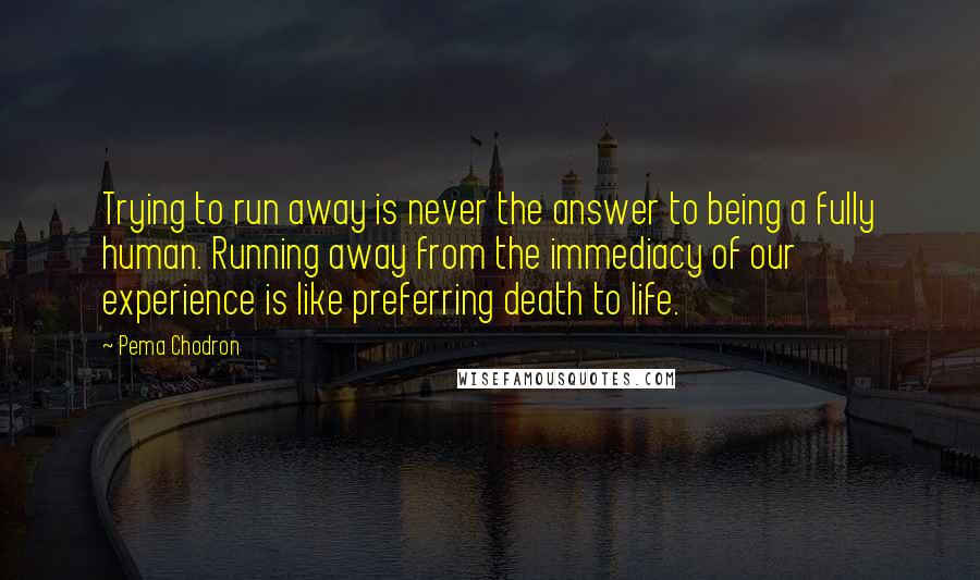 Pema Chodron Quotes: Trying to run away is never the answer to being a fully human. Running away from the immediacy of our experience is like preferring death to life.