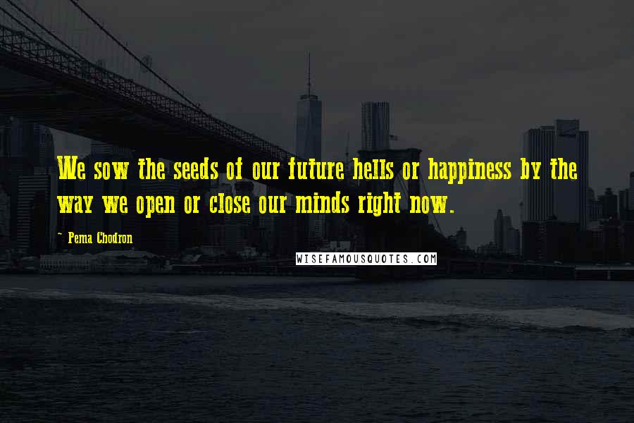 Pema Chodron Quotes: We sow the seeds of our future hells or happiness by the way we open or close our minds right now.