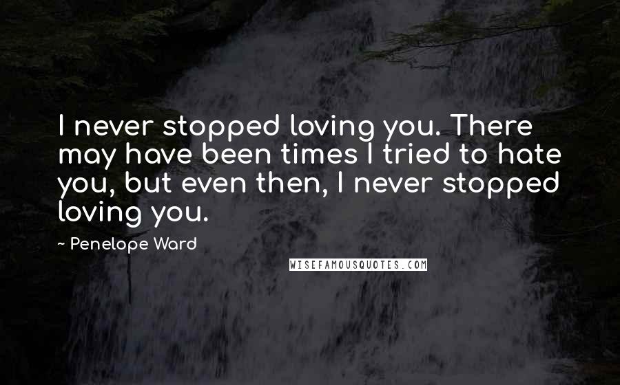 Penelope Ward Quotes: I never stopped loving you. There may have been times I tried to hate you, but even then, I never stopped loving you.