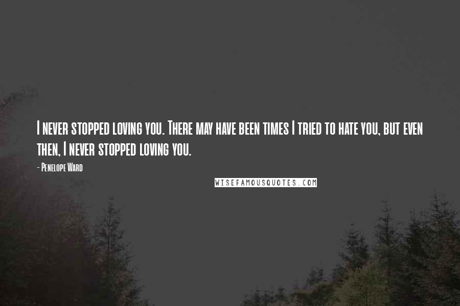 Penelope Ward Quotes: I never stopped loving you. There may have been times I tried to hate you, but even then, I never stopped loving you.