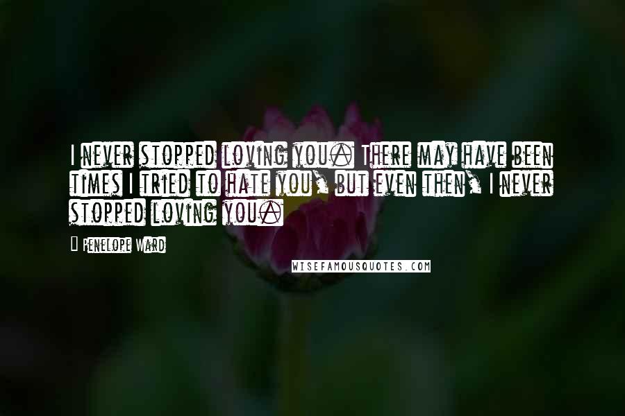 Penelope Ward Quotes: I never stopped loving you. There may have been times I tried to hate you, but even then, I never stopped loving you.