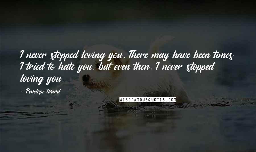 Penelope Ward Quotes: I never stopped loving you. There may have been times I tried to hate you, but even then, I never stopped loving you.