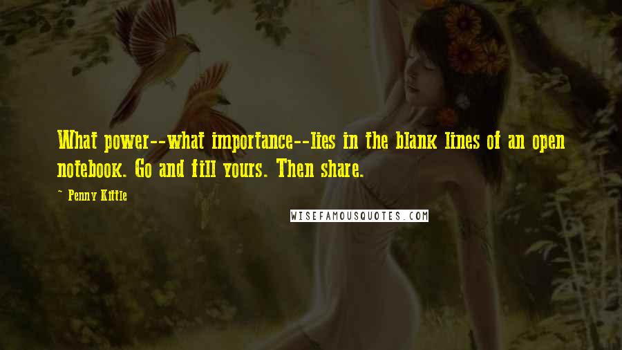 Penny Kittle Quotes: What power--what importance--lies in the blank lines of an open notebook. Go and fill yours. Then share.