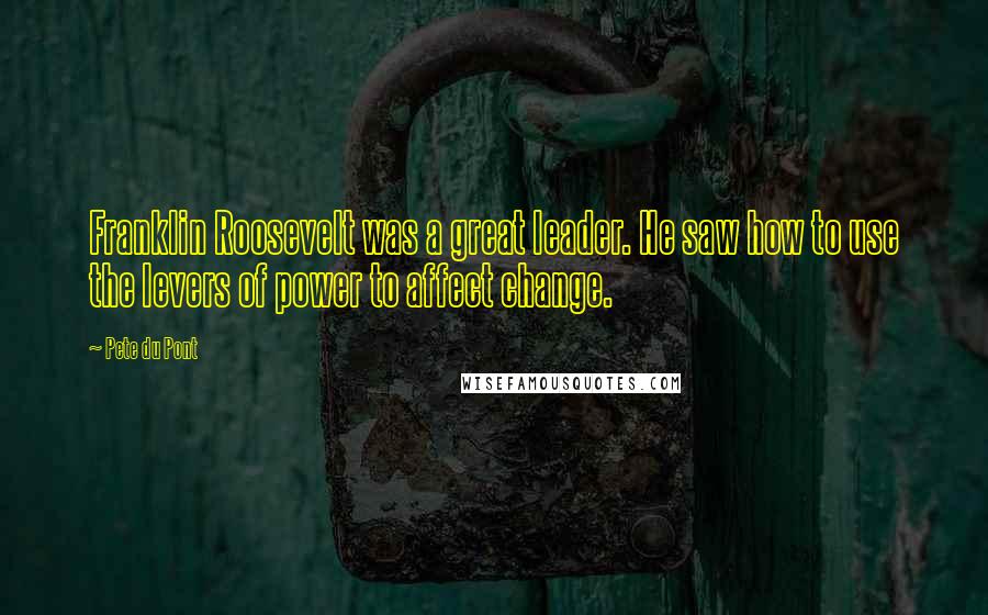 Pete Du Pont Quotes: Franklin Roosevelt was a great leader. He saw how to use the levers of power to affect change.