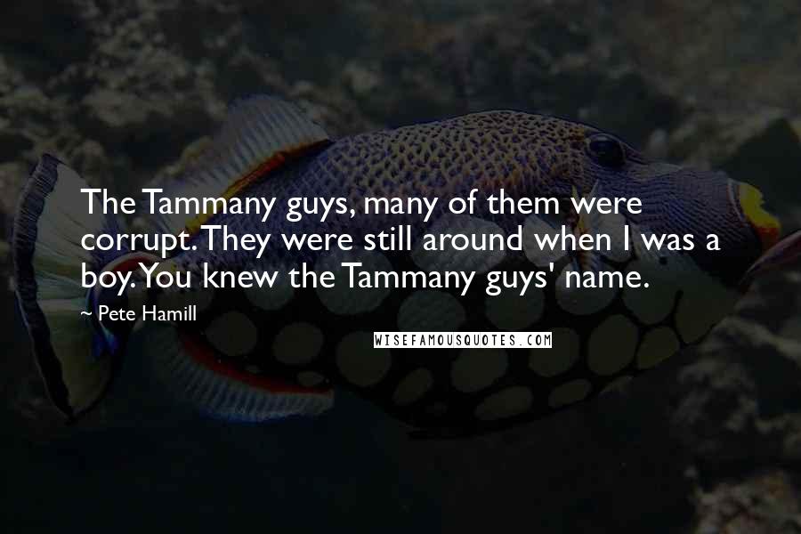 Pete Hamill Quotes: The Tammany guys, many of them were corrupt. They were still around when I was a boy. You knew the Tammany guys' name.