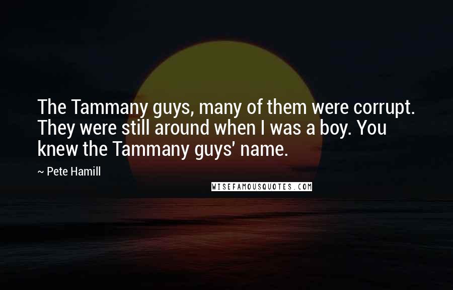 Pete Hamill Quotes: The Tammany guys, many of them were corrupt. They were still around when I was a boy. You knew the Tammany guys' name.