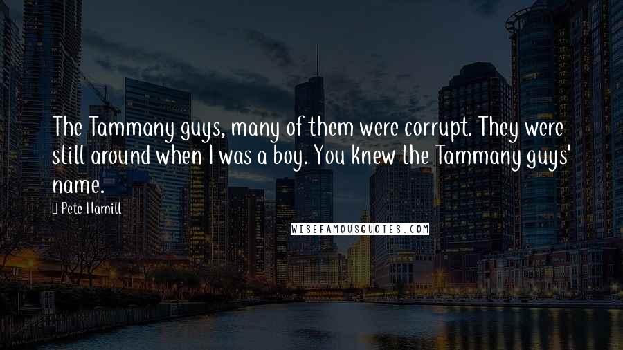 Pete Hamill Quotes: The Tammany guys, many of them were corrupt. They were still around when I was a boy. You knew the Tammany guys' name.