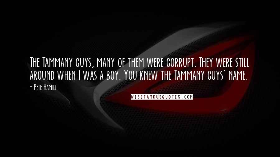 Pete Hamill Quotes: The Tammany guys, many of them were corrupt. They were still around when I was a boy. You knew the Tammany guys' name.