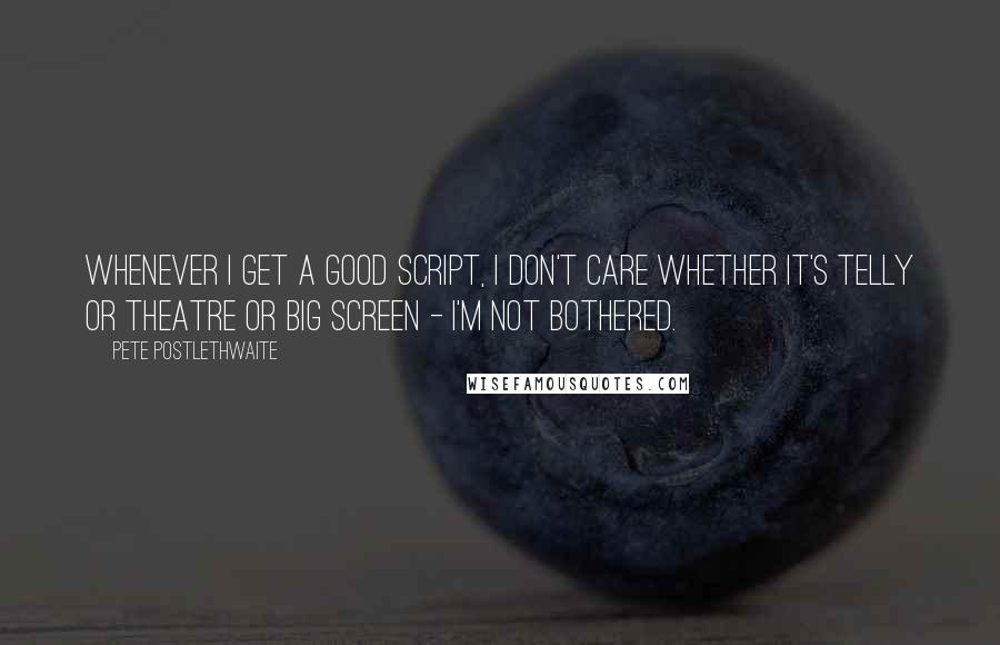 Pete Postlethwaite Quotes: Whenever I get a good script, I don't care whether it's telly or theatre or big screen - I'm not bothered.