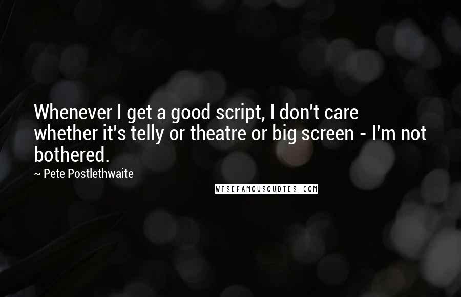 Pete Postlethwaite Quotes: Whenever I get a good script, I don't care whether it's telly or theatre or big screen - I'm not bothered.