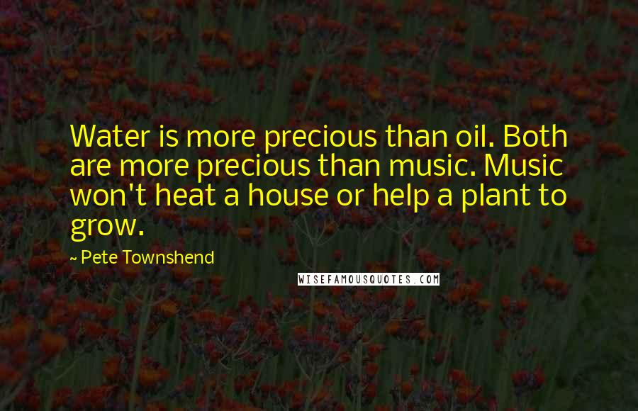 Pete Townshend Quotes: Water is more precious than oil. Both are more precious than music. Music won't heat a house or help a plant to grow.