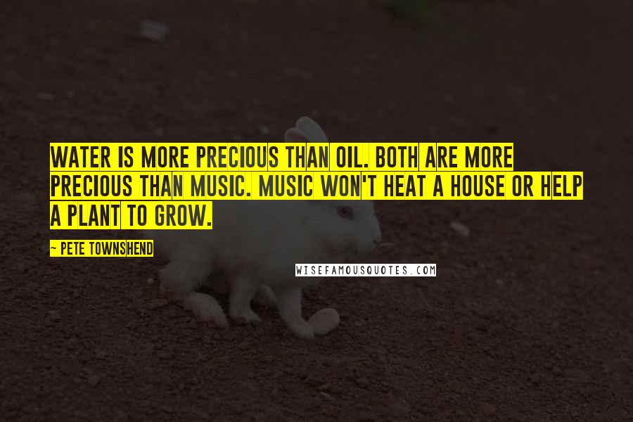 Pete Townshend Quotes: Water is more precious than oil. Both are more precious than music. Music won't heat a house or help a plant to grow.