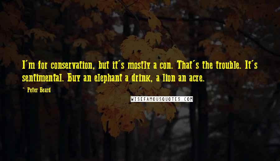 Peter Beard Quotes: I'm for conservation, but it's mostly a con. That's the trouble. It's sentimental. Buy an elephant a drink, a lion an acre.