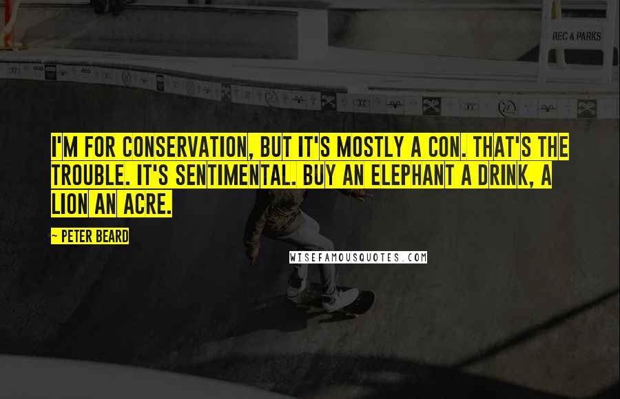 Peter Beard Quotes: I'm for conservation, but it's mostly a con. That's the trouble. It's sentimental. Buy an elephant a drink, a lion an acre.