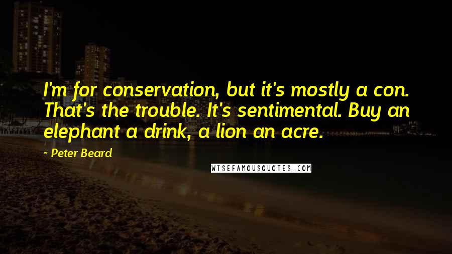 Peter Beard Quotes: I'm for conservation, but it's mostly a con. That's the trouble. It's sentimental. Buy an elephant a drink, a lion an acre.