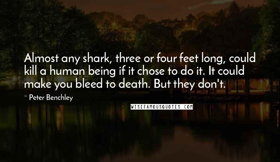 Peter Benchley Quotes: Almost any shark, three or four feet long, could kill a human being if it chose to do it. It could make you bleed to death. But they don't.