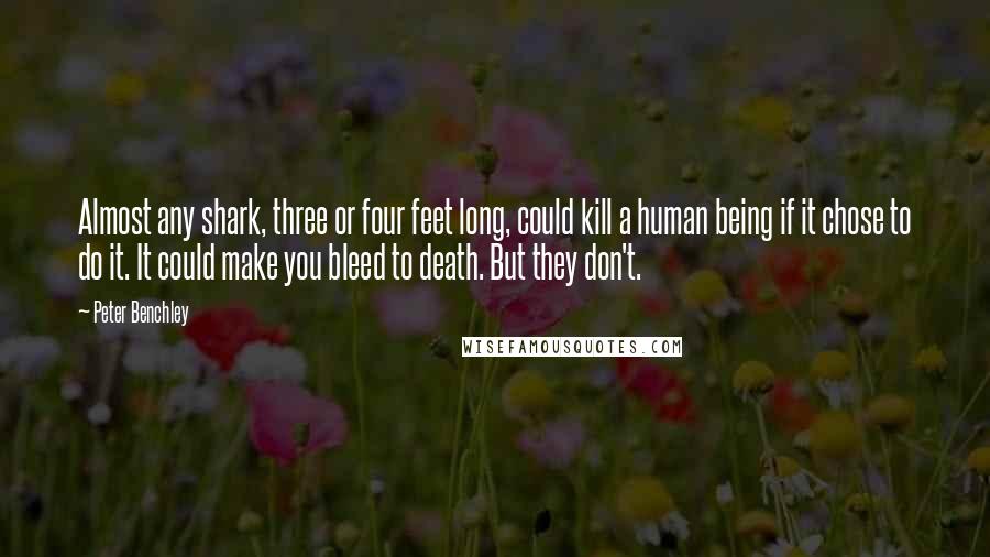 Peter Benchley Quotes: Almost any shark, three or four feet long, could kill a human being if it chose to do it. It could make you bleed to death. But they don't.