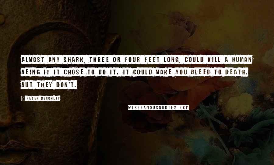 Peter Benchley Quotes: Almost any shark, three or four feet long, could kill a human being if it chose to do it. It could make you bleed to death. But they don't.