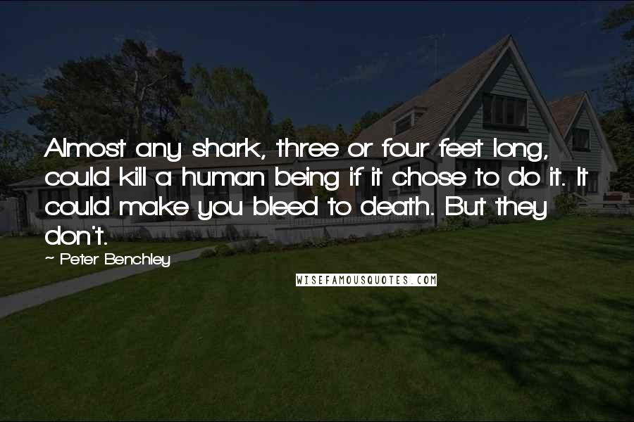 Peter Benchley Quotes: Almost any shark, three or four feet long, could kill a human being if it chose to do it. It could make you bleed to death. But they don't.