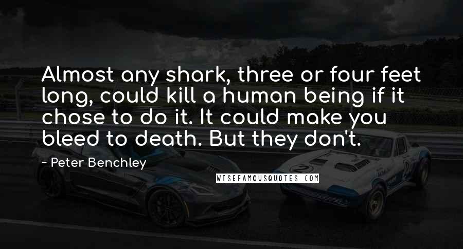 Peter Benchley Quotes: Almost any shark, three or four feet long, could kill a human being if it chose to do it. It could make you bleed to death. But they don't.