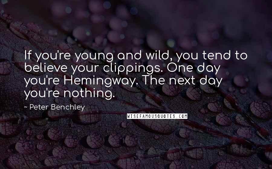 Peter Benchley Quotes: If you're young and wild, you tend to believe your clippings. One day you're Hemingway. The next day you're nothing.