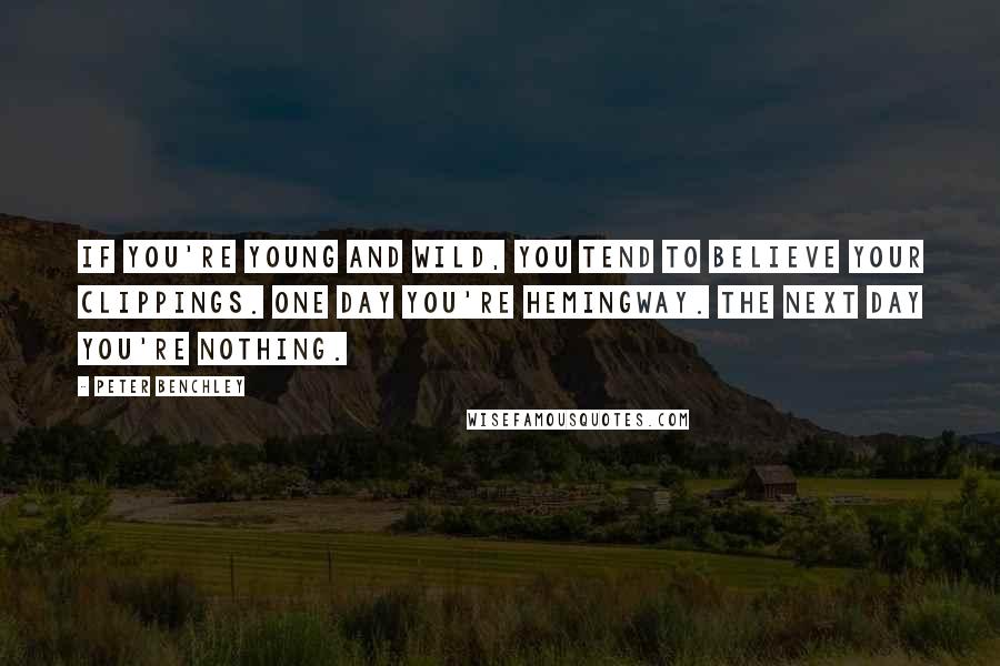 Peter Benchley Quotes: If you're young and wild, you tend to believe your clippings. One day you're Hemingway. The next day you're nothing.