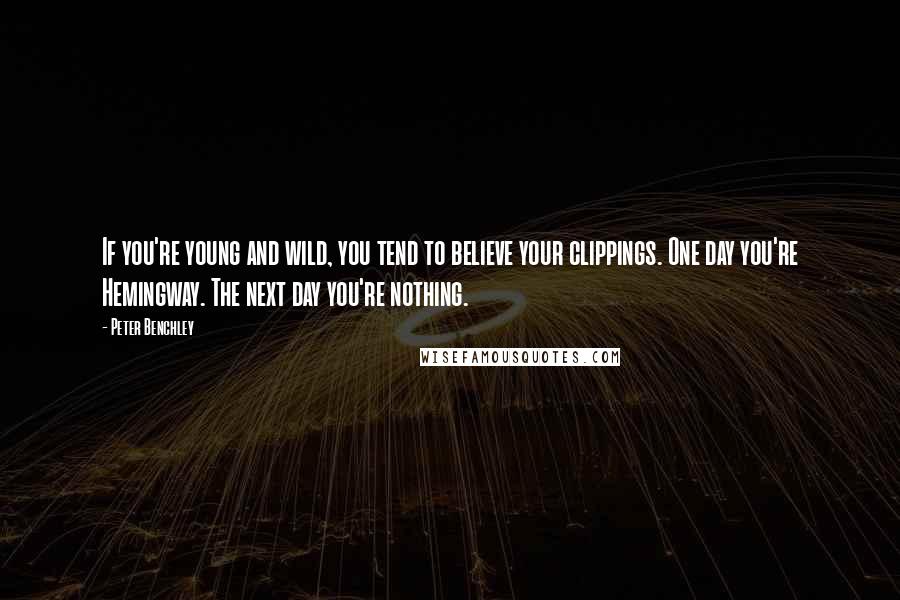 Peter Benchley Quotes: If you're young and wild, you tend to believe your clippings. One day you're Hemingway. The next day you're nothing.