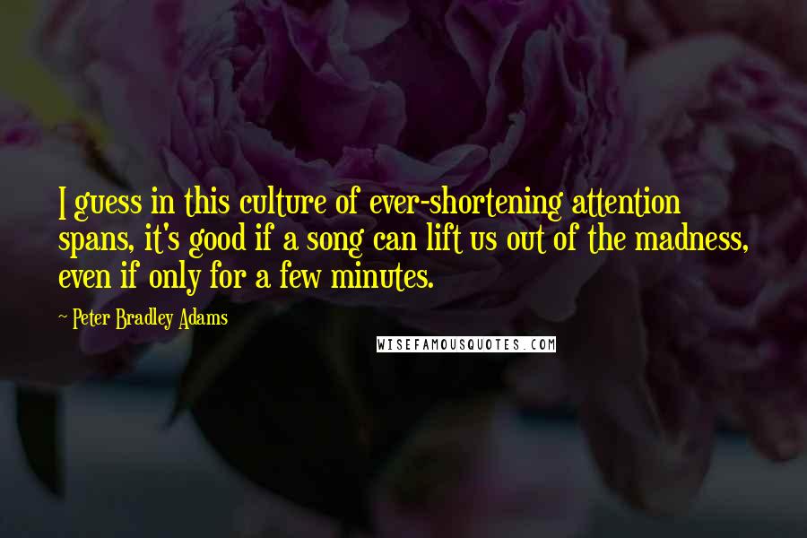 Peter Bradley Adams Quotes: I guess in this culture of ever-shortening attention spans, it's good if a song can lift us out of the madness, even if only for a few minutes.