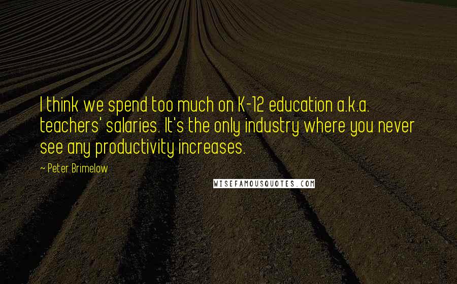 Peter Brimelow Quotes: I think we spend too much on K-12 education a.k.a. teachers' salaries. It's the only industry where you never see any productivity increases.