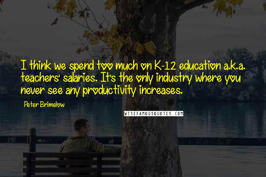 Peter Brimelow Quotes: I think we spend too much on K-12 education a.k.a. teachers' salaries. It's the only industry where you never see any productivity increases.