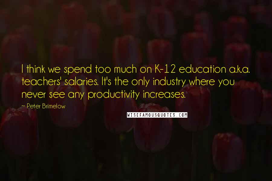 Peter Brimelow Quotes: I think we spend too much on K-12 education a.k.a. teachers' salaries. It's the only industry where you never see any productivity increases.