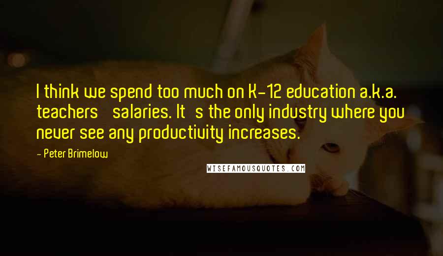 Peter Brimelow Quotes: I think we spend too much on K-12 education a.k.a. teachers' salaries. It's the only industry where you never see any productivity increases.