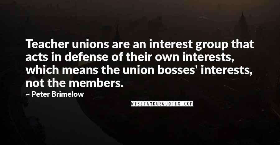 Peter Brimelow Quotes: Teacher unions are an interest group that acts in defense of their own interests, which means the union bosses' interests, not the members.