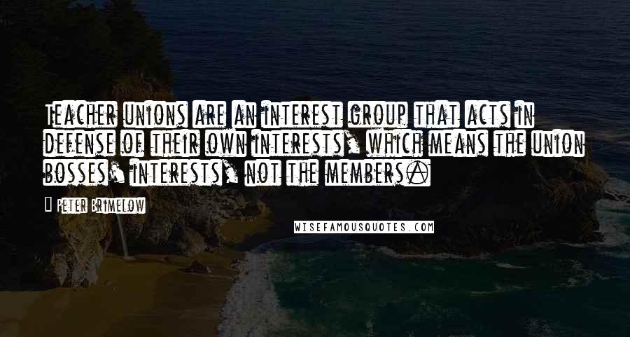 Peter Brimelow Quotes: Teacher unions are an interest group that acts in defense of their own interests, which means the union bosses' interests, not the members.