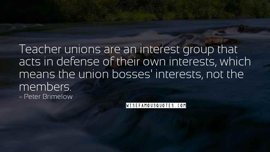 Peter Brimelow Quotes: Teacher unions are an interest group that acts in defense of their own interests, which means the union bosses' interests, not the members.